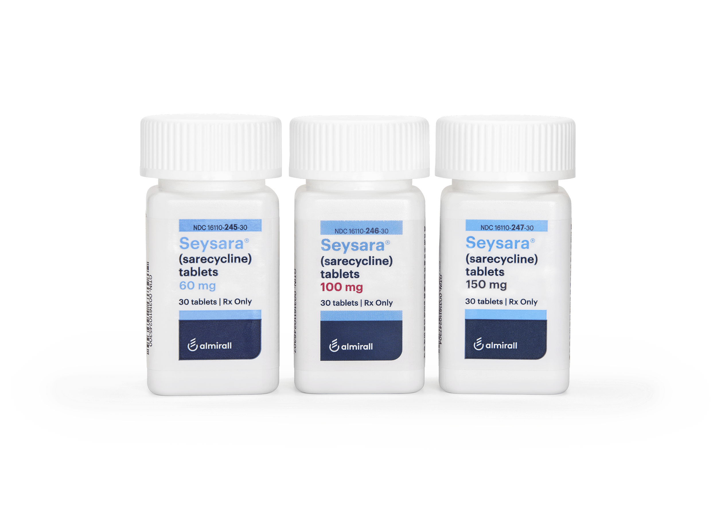 Image of three Seysara bottles, at 60mg, 100mg, and 150mg dosage
                           