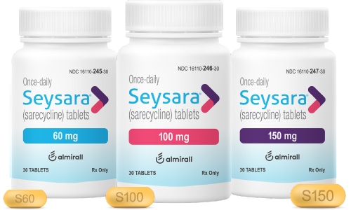 Image of three Seysara bottles, at 60mg, 100mg, and 150mg dosage
