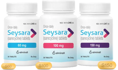 Image of three Seysara bottles, at 60mg, 100mg, and 150mg dosage
